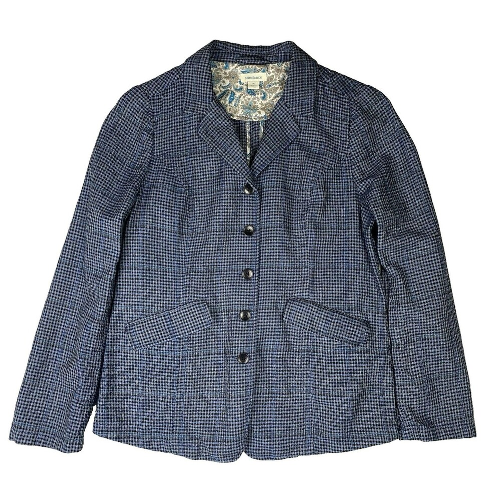 Sundance Womens M Cotton Linen Blazer Blue Houndstooth Jacket Lightweight Pocket